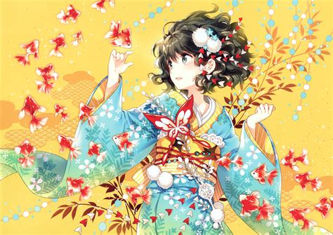 Wallpaper Illustration Anime Fish Butterfly Kimono Art Flower