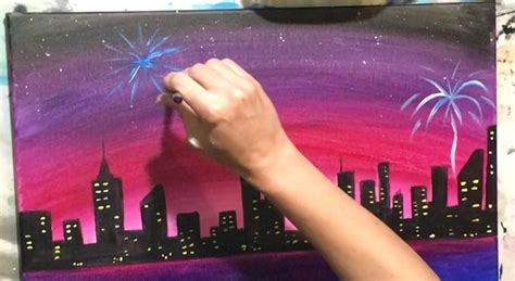 Cityscape Painting With Fireworks Step By Step Acrylic Tutorial