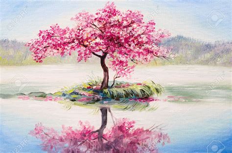Oil Painting Landscape Oriental Cherry Tree Sakura On The Lake Stock