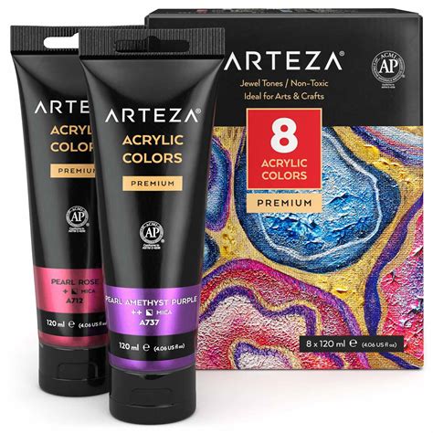 ARTEZA Metallic Acrylic Paint, Jewel Tones, 4oz/120ml, set of 8 ...