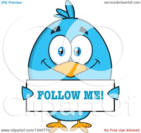 Clipart Of A Cartoon Blue Bird Holding A Follow Me Sign Royalty Free