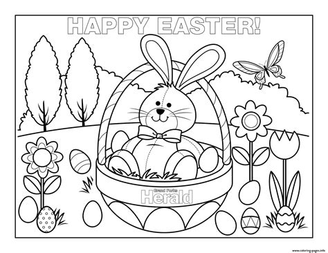 Happy Easter Cute Bunny Rabbit Eggs Coloring Page Printable