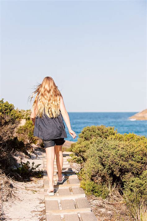 Pre Teenage Girl Walking To The Beach Albany Western Australia By