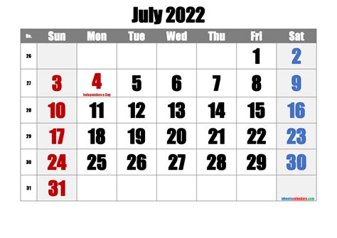 July 2022 Printable Calendar With Holidays