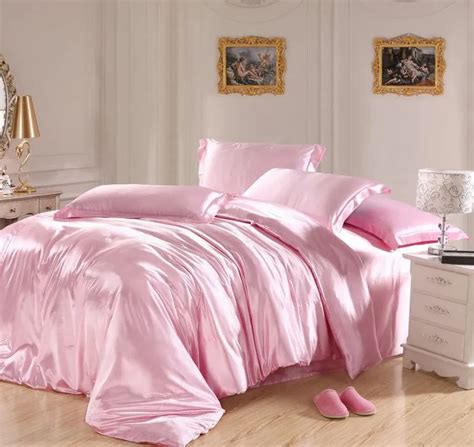 Light Pink Bedding Sets Silk Satin Super King Size Queen Double Quilt Duvet Cover Fitted Bed