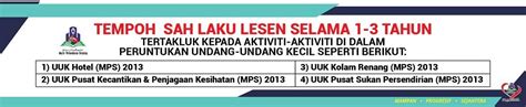 Tempoh sah lesen l ialah selama 2 tahun bermula tarikh ia dikeluarkan. Portal Rasmi Majlis Perbandaran Selayang (MPS)