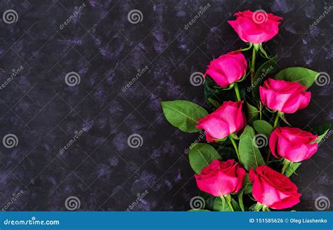 Bouquet Of Pink Roses On Dark Background Top View Stock Photo Image