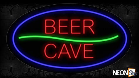 beer cave in red with green line and blue oval border neon sign