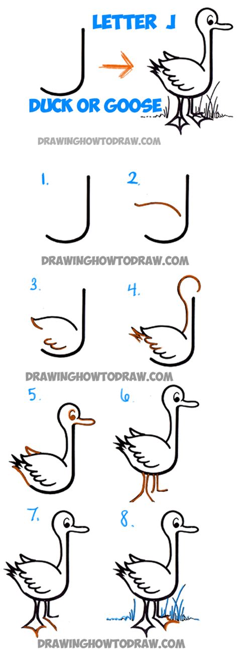 They tend to express themselves and their emotions through drawing and coloring it. How to Draw Cartoon Goose or Duck from Letter J Shape - Easy Step by Step Drawing Lesson for ...