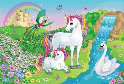 Fairytale Meadow With A Unicorn Stock Illustration Illustration Of