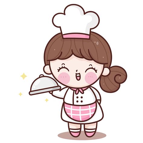 Cute Girl Vector Chef Cartoon Serving Food Kawaii Bakery Shop Logo For