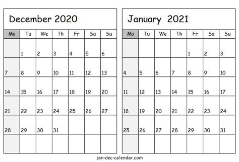 Editable Calendar December 2020 And January 2021 Printable Blank