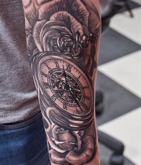 3d Watch And Flower Sleeve Tattoo 100 Awesome Watch Tattoo Designs