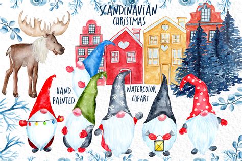 Watercolor Scandinavian Gnome Christmas Clipart Graphic By