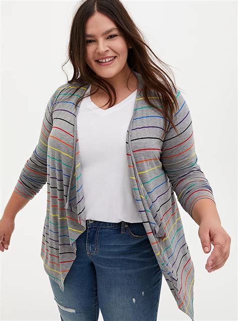 Plus Size Celebrate Love Super Soft Grey Rainbow Stripe Drape Front