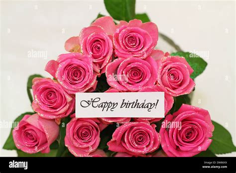 Happy Birthday Card With Bouquet Of Pink Roses Stock Photo Alamy
