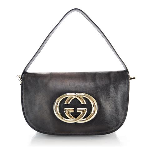 Gucci Leather Gg Britt Flap Bag Metallic Black 33795