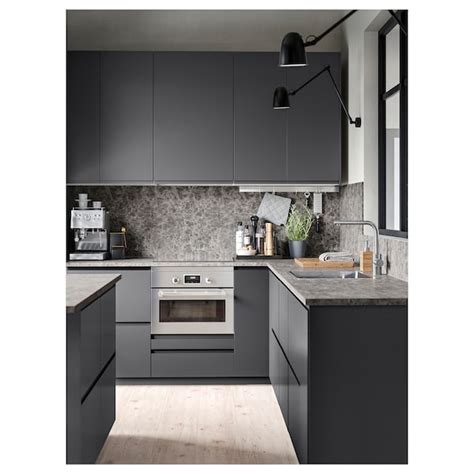 Used ikea abkstrakt dark grey gloss kitchen with corian worktops. EKBACKEN Worktop - dark grey marble effect, marble effect ...