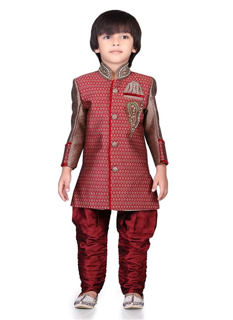 Buy Red Jacquard Kids Sherwani Embroidered Stones Jacquard Kids