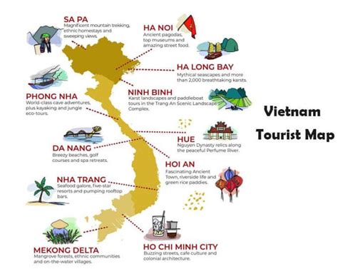 The Vietnam Tourist Map Is Shown In Red And Yellow With Words