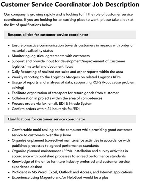 Customer Service Coordinator Job Description Velvet Jobs