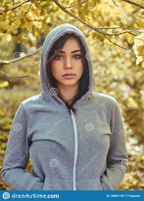 A Charming Girl Wearing A Gray Hoodie In The Autumn Park Stock Image