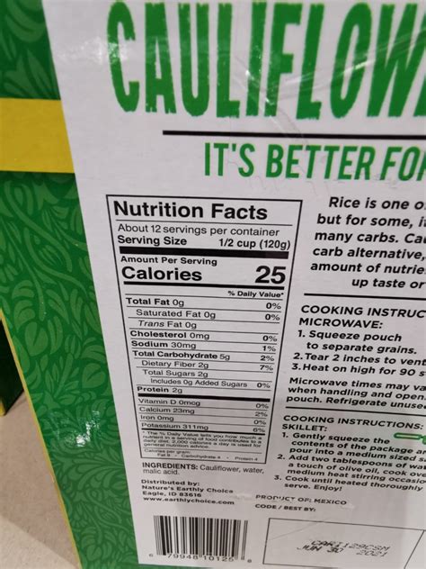 Make cauliflower rice pudding for a special taste. Costco-1311309-Earthly-Choice-Cauliflower-Rice-chart1 ...