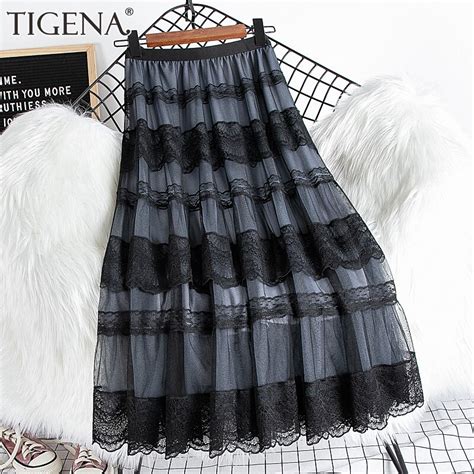 TIGENA High Qaulity Lace Tulle Long Skirt For Women Fashion 2021