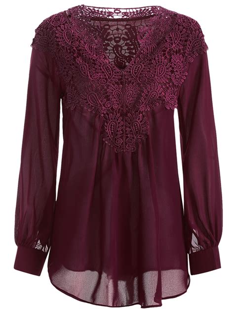 crochet detail long sleeve blouse in wine red fashion crochet detail blouse
