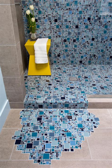 Blue Glass Mosaic Tile With Puddling Effect On Floor Hgtv Blue Mosaic