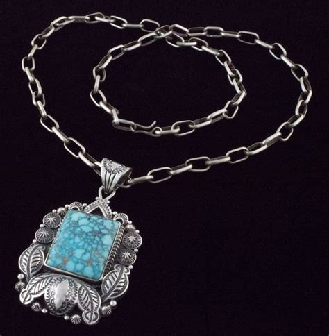 Navajo Sterling Silver Link Chain Necklace With Natural Kingman Web