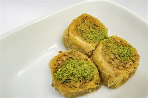 Turkish Baklava In The Form Of Rolls With Pistachio Stock Photo Image