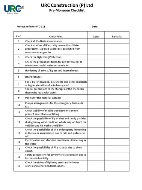 Pre Monsoon Checklist Pdf Safety Nature