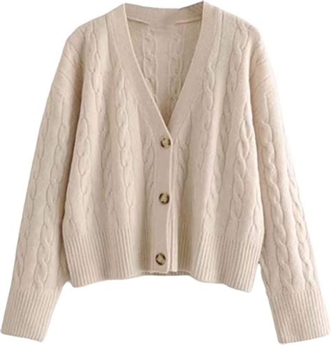 Hanpaint Women Oversized Cable Cropped Sweater Cardigan Long Sleeve V