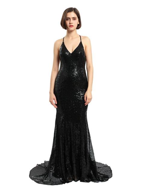 Black Sequin Mermaid Evening Prom Dresses Sparkly Sexy Backless Party