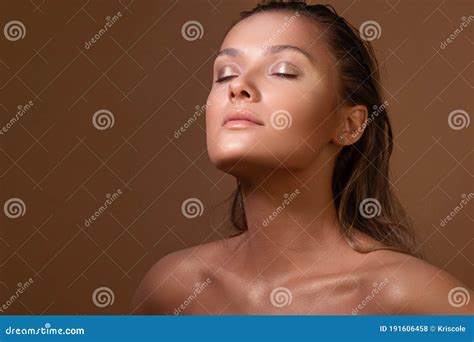 Tanned Sweet Girl With Clear Glowing Skin Health And Skin Care Stock Photo Image Of
