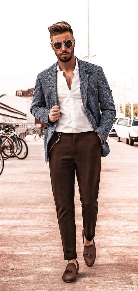 Smart Casual Outfit For Men Brown Chinos White Shirt And Blazer