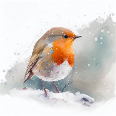 Watercolour Of A Robin Redbreast Erithacus Rubecula Bird In The Winter