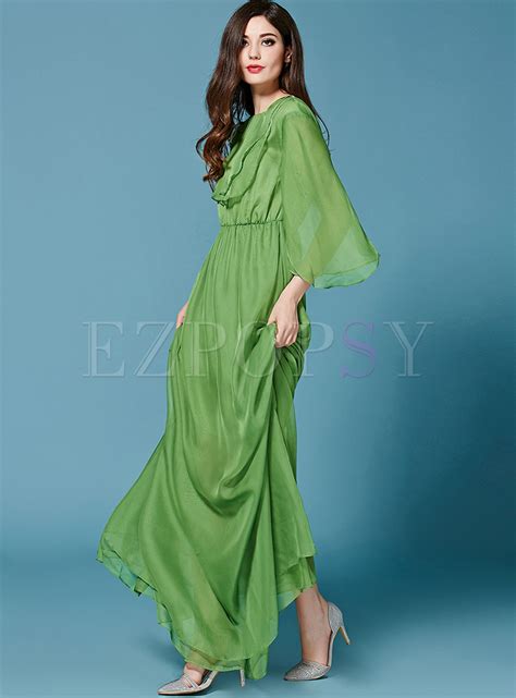 Dresses Maxi Dresses Elegant Green Puff Sleeve Waist Maxi Dress