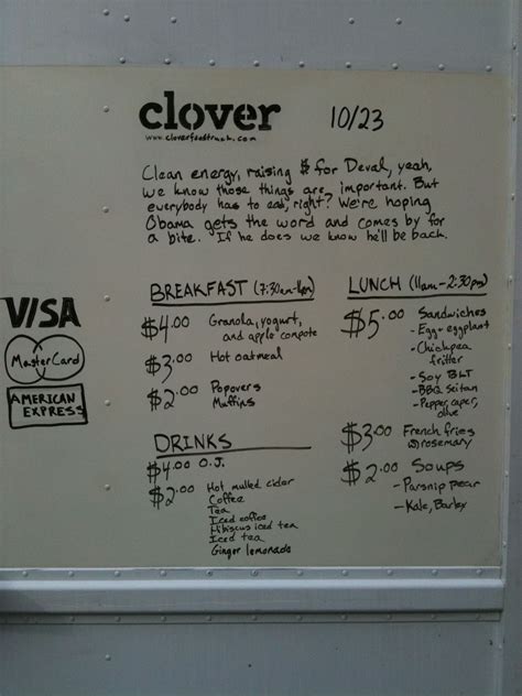 Clover food lab is a vegetarian fast food chain, founded in 2008 by mit material science graduate and harvard mba ayr muir, which operates food trucks and restaurants in massachusetts, united states. Clean menu board for the president |Clover Food Lab