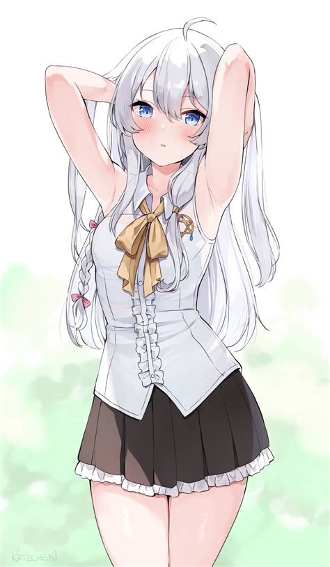 Safebooru Girl Ahoge Armpits Arms Behind Head Arms Up Bare Arms Bare