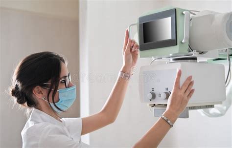 Hospital Radiology Room Beautiful Multiethnic Woman Adjusting X Ray