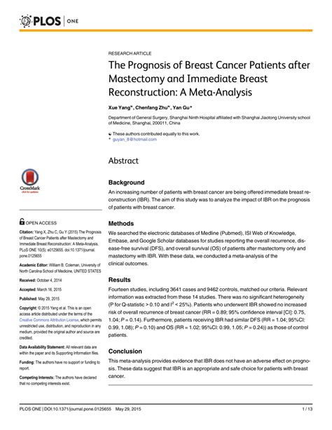 Pdf The Prognosis Of Breast Cancer Patients After Mastectomy And
