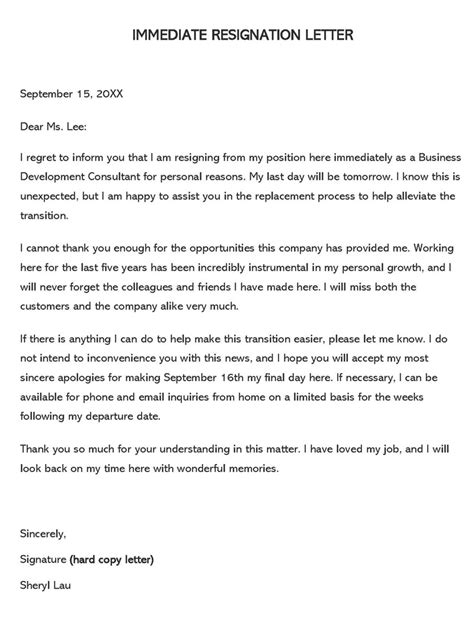 Immediate Resignation Letter Examples Guide Templates