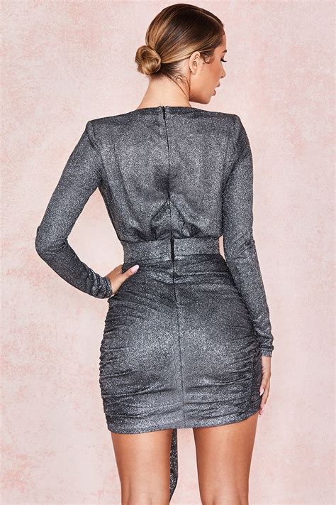 Cutesove Long Sleeve V Neck Ruched Velvet Mini Cocktail Party Dress Gray Cutesove