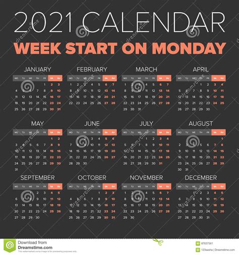 First day of the week option allows to choose weeks monday through sunday which is commonly used in europe and asia. Simple 2021 year calendar stock vector. Illustration of element - 87637561