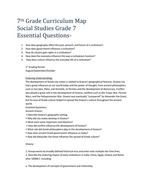 7 Grade Curriculum Map Social Studies Grade 7 Essential Questions