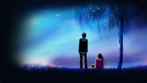 Hd Wallpaper Boy And Girl Illustration Drawing Meadow Flowers