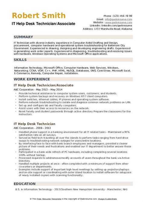 Help desk job description, free pdf sample: IT Help Desk Technician Resume Samples | QwikResume