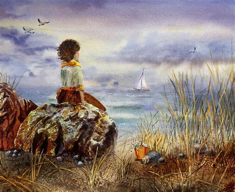Girl And The Ocean Sitting On The Rock Painting By Irina Sztukowski